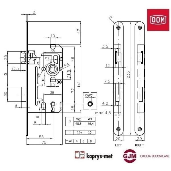 Zamek 72/55 WC 110 stolarka DOM POLSKA lewy