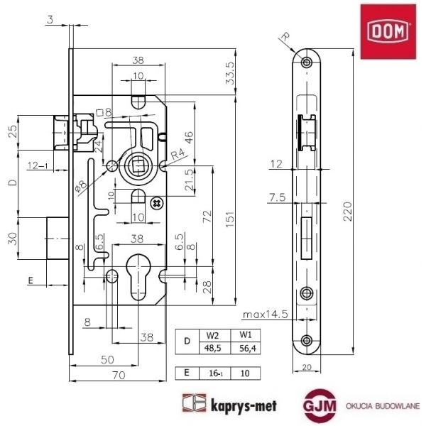 Zamek 72/50 na wkładkę 110 stolarka DOM POLSKA lewy