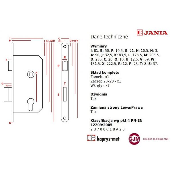 Zamek Jania 90/50 na wkład z dźwignią Z001