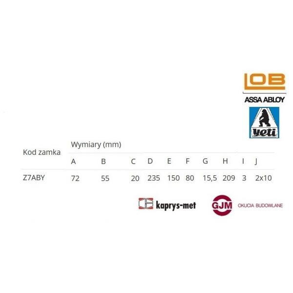 Zamek wpuszczany 72/55 na wkładkę lewy czoło 235 YETI