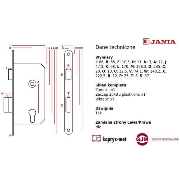 Zamek Jania 72/55 WC z dźwignią Z215 lewy