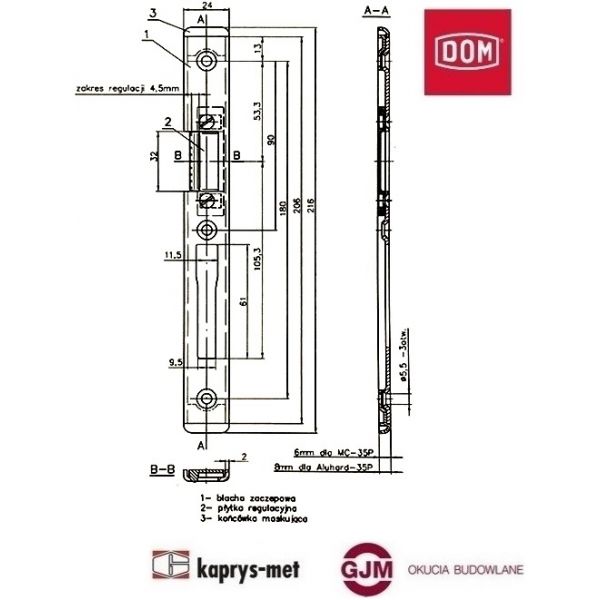 Zaczep regulowany MC-35P z zaślepą z PCV lewy