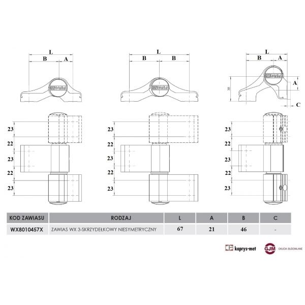 Zawias WX 8010457 3-skrzydłowy niesymetryczny brąz 8019 WALA