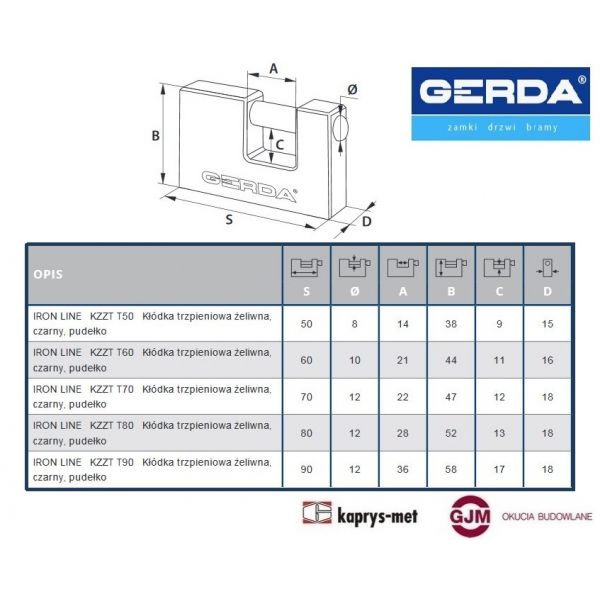 Kłódka GERDA T-50 żeliwna trzpieniowa KZZT