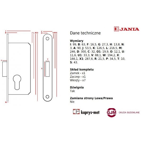 Zamek bramowy Jania na wkładkę Z112 prawy