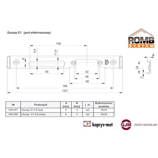 Zaczep E1-C6 prawy 040-008 ROMB SYSTEM pod elektrozaczep / K30194510 ALUPROF