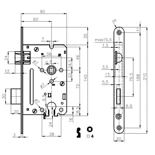 Zamek 72/60 BOX na klucz DOM POLSKA prawy
