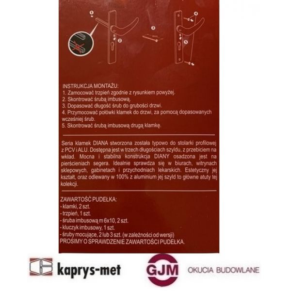 Klamka drzwiowa Diana ST27 długi szyld 72 na wkładkę GAMAR biały