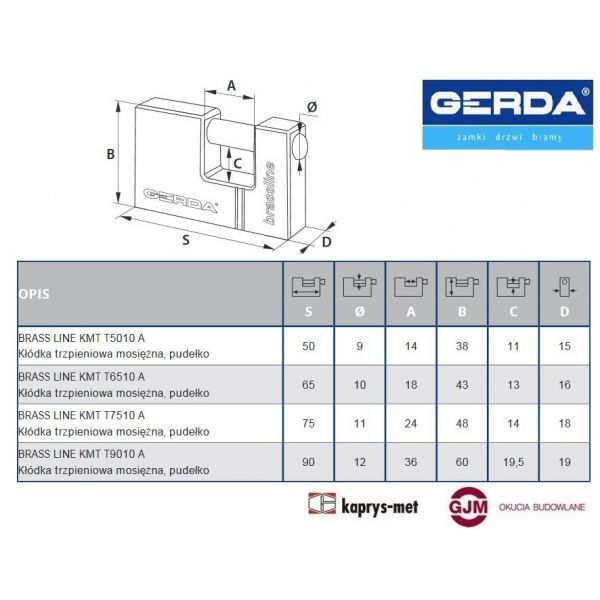 Kłódka trzpieniowa GERDA KMT9010 A mosiądz S90