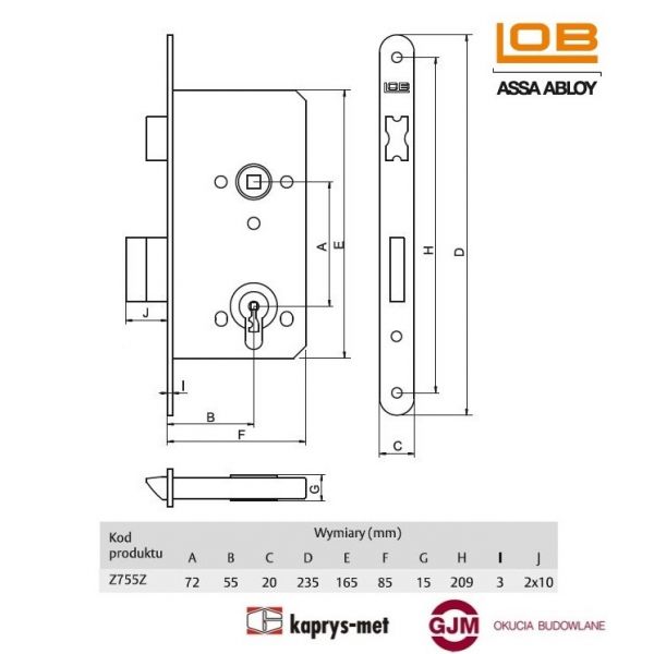 Zamek wpuszczany LOB 72/55 na klucz Z755Z