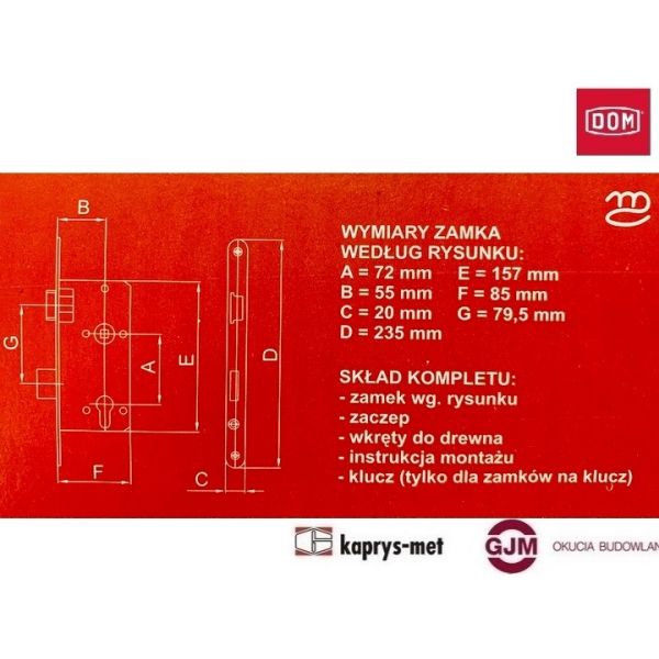 Zamek 72/55 na klucz DOM POLSKA - do drzwi drewnianych prawy