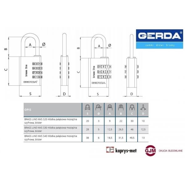 Kłódka KMS S40 szyfrowa BRASS LINE GERDA
