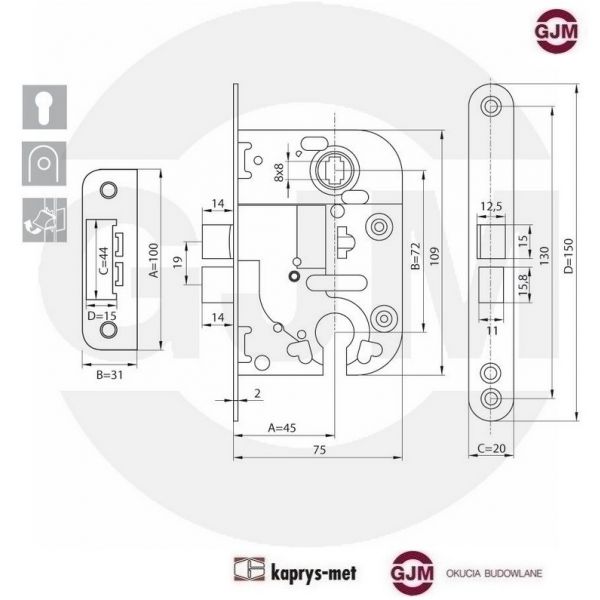 Zamek 72/45 na wkładkę GJM z zaczepem