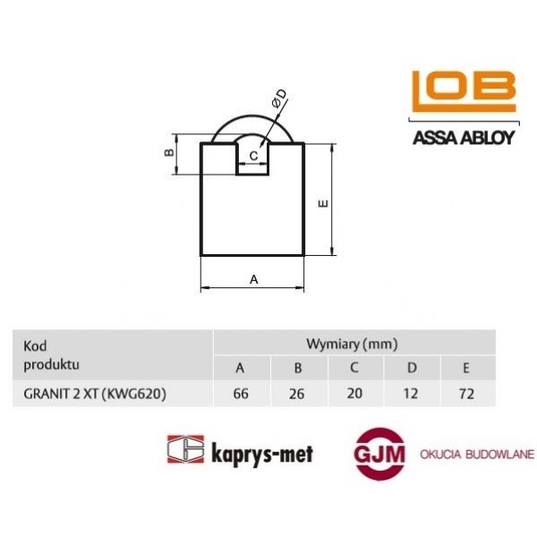 Kłódka atestowana GRANIT 2 XT KWG620 LOB