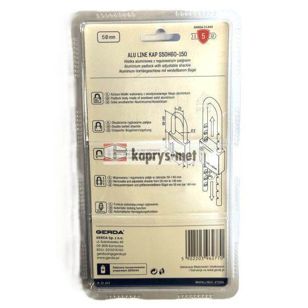 Kłódka GERDA KAP S50H60-150 aluminiowa z regulowanym pałąkiem