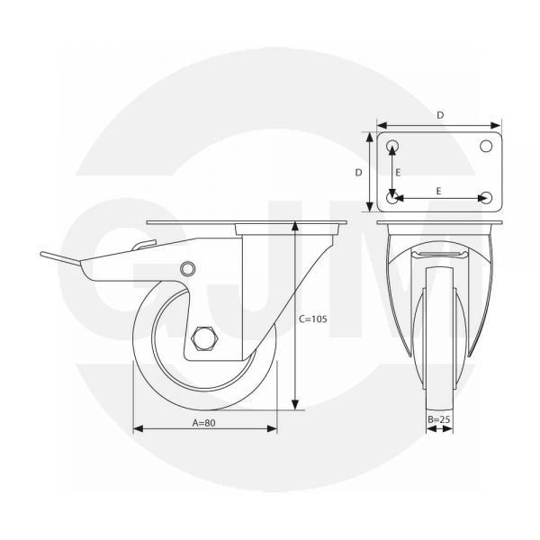 Koło metalowo-gumowe GJM BSR80 obrotowe z hamulcem