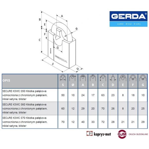 Kłódka GERDA S50 KSWC wzmocniona z chronionym pałąkiem SECURE