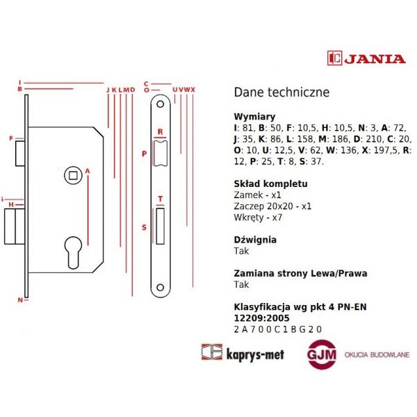 Zamek Jania 72/50 WC z dźwignią Z082