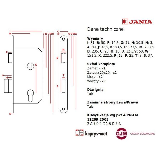 Zamek Jania 90/50 na klucz z dźwignią Z003