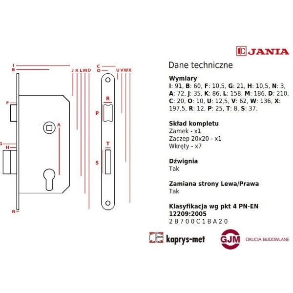 Zamek Jania 72/60 na wkład z dźwignią Z007