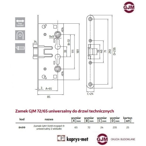 Zamek do drzwi technicznych 72/65 uniwersalny na 2 wkładki GJM