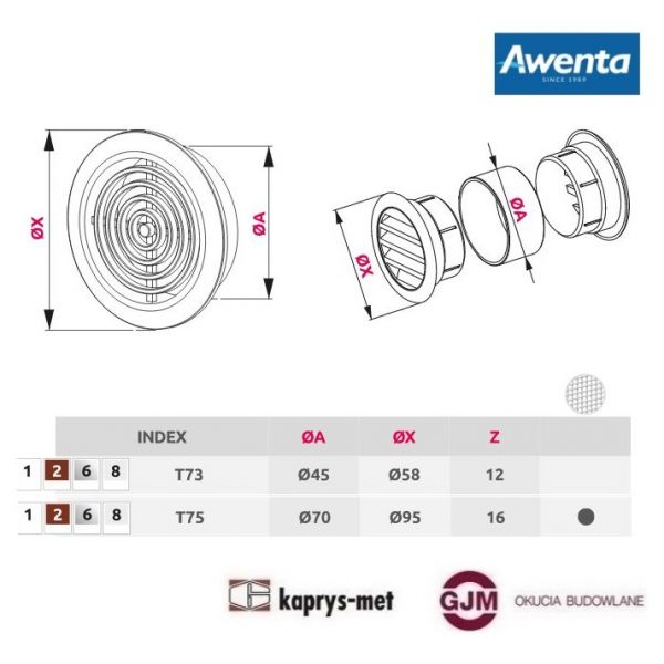 Kratka wentylacyjna T-75 Mini Awenta