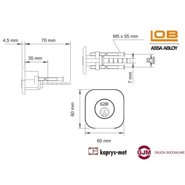 Wkładka WT04 do zamka wierzchniego, szyld kwadrat nikiel LOB