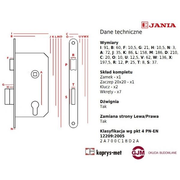 Zamek Jania 72/60 na klucz z dźwignią Z010
