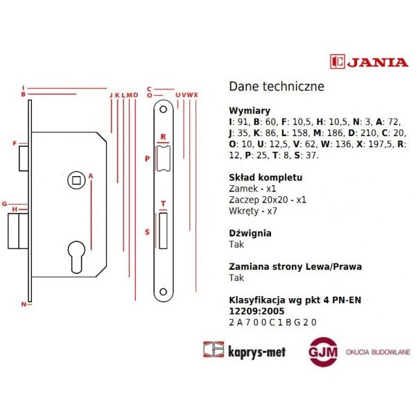 Zamek Jania 72/60 WC z dźwignią Z018