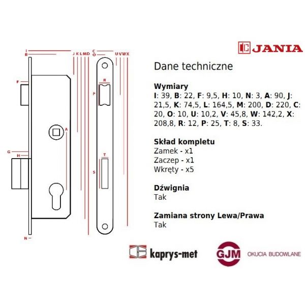 Zamek Jania 90/22 zapadka wkład Z075-ZW
