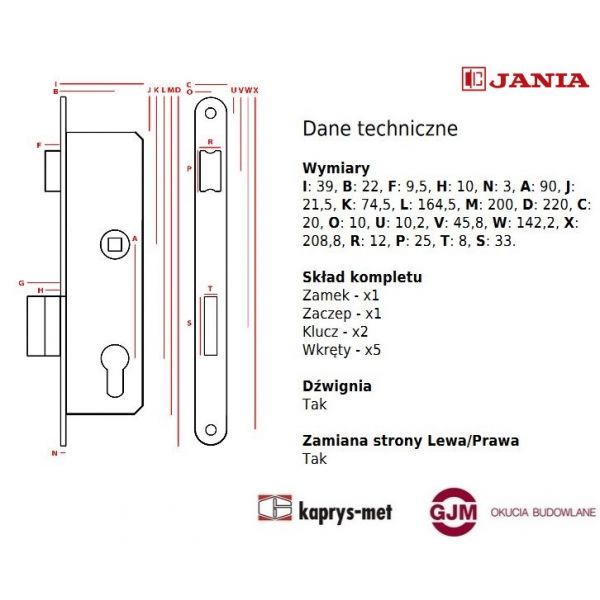 Zamek Jania 90/22 zapadka klucz Z076