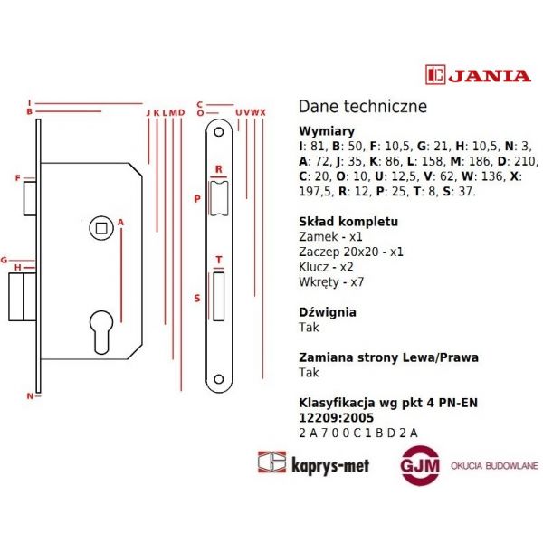 Zamek Jania 72/50 na klucz z dźwignią Z079