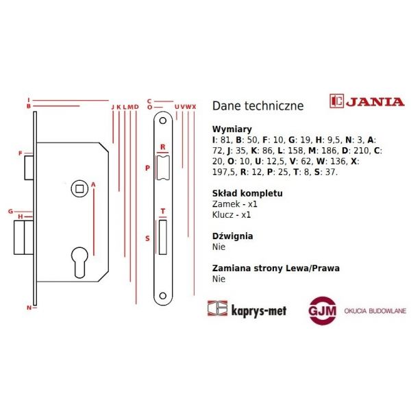 Zamek drzwiowy stolarski 72/50 mm JANIA na klucz - Znal Z113