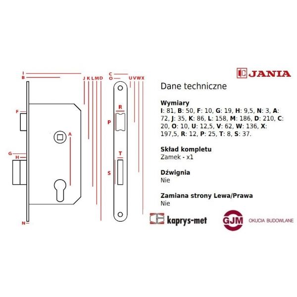 Zamek drzwiowy stolarski 72/50 mm JANIA na wkładkę - Znal Z114 lewy