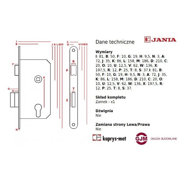 Zamek drzwiowy stolarski 72/50 mm JANIA WC- Znal Z115 prawy