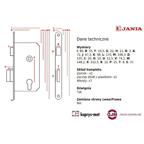 Zamek Jania 72/55 na wkładkę z dźwignią ocynk biały Z213 lewy