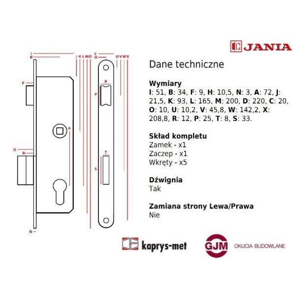 Zamek wąski Jania zapadka wkład 72/34 mm Z219 prawy