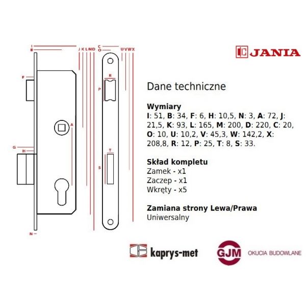 Zamek wąski Jania rolka wkład 72/34 mm Z223