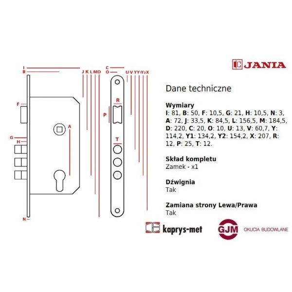 Zamek Jania 72/50 bolcowy na wkładkę z dźwignią stolarski Z229