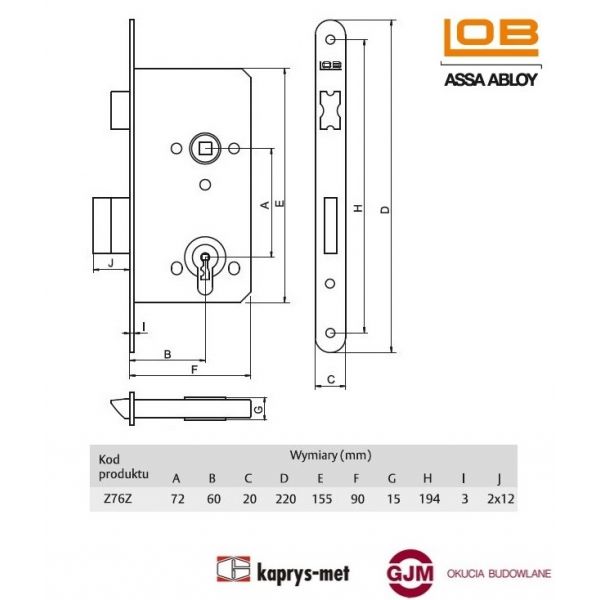 Zamek wpuszczany LOB 72/60 na klucz Z76Z nikiel