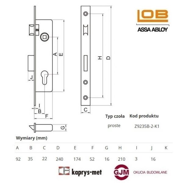 Zamek LOB Z9235B wąski zapadkowo - zasuwkowy