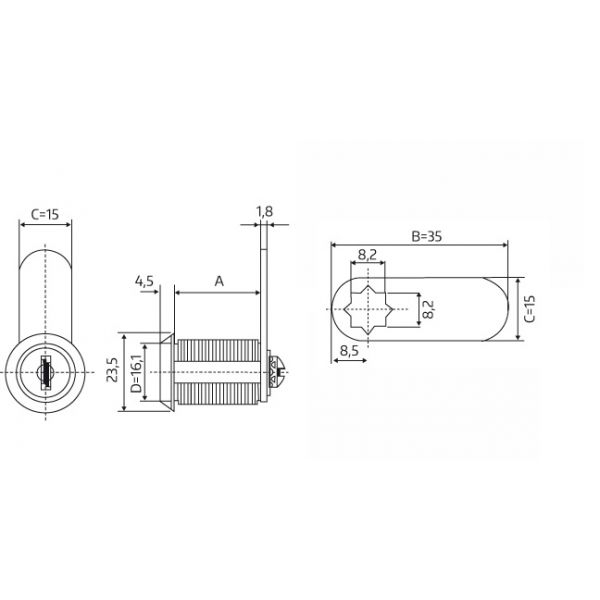 Zamek GJM do skrzynek na listy 16 mm - płaski zabierak