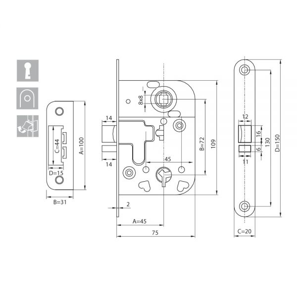 Zamek wpuszczany GJM na klucz/WC 72/45 stolarka